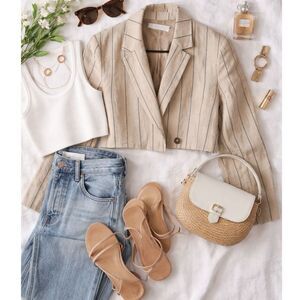 ASTR Linen Blend Cropped Blazer Womens Medium Beige Striped Lightweight Jacket
